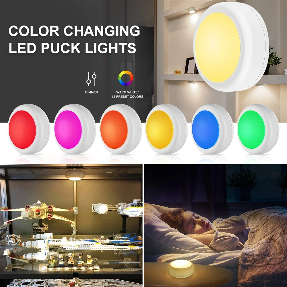 RGB 12 Colors LED Under Cabinet Light Dimmable Touch Sensor LED Puck Lights For Cupboard Close Wardrobe Stair Hallway Night Lamp