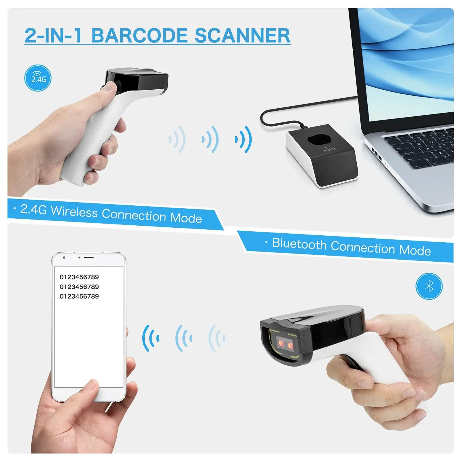 Фото NETUM DS8100 Blue Tooth 13,56 МГц HF NFC RFID 1D 2D беспроводной сканер штрих-кода №5