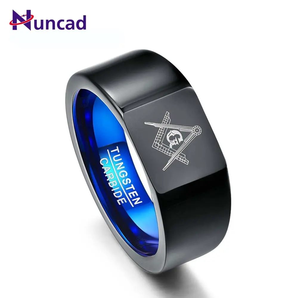 

NUNCAD 10mm Retro Style Tungsten Carbide Rings Big Head Vacuum Plating Black with Blue Rings Laser Masonic Sign Tungsten Ring