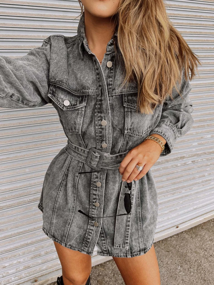 

FTLZZ New Spring Autumn Women Vintage Lapel Single Breasted Long Denim Jacket with Belt Lady Streetwear Fashion Jean Dresses