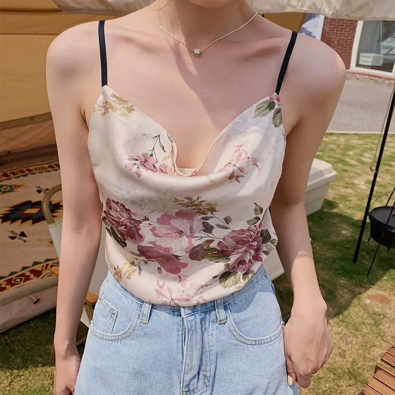

Retro flower print small suspender top women's summer slim short bottoming vest korean fashion clothing Tops Camis