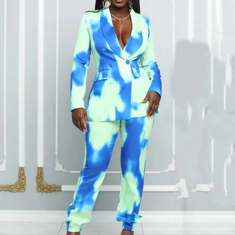 

Женский комплект из 2 предметов, блейзер с принтом и длинные брюки, Модная элегантная офисная одежда, комплект из двух предметов