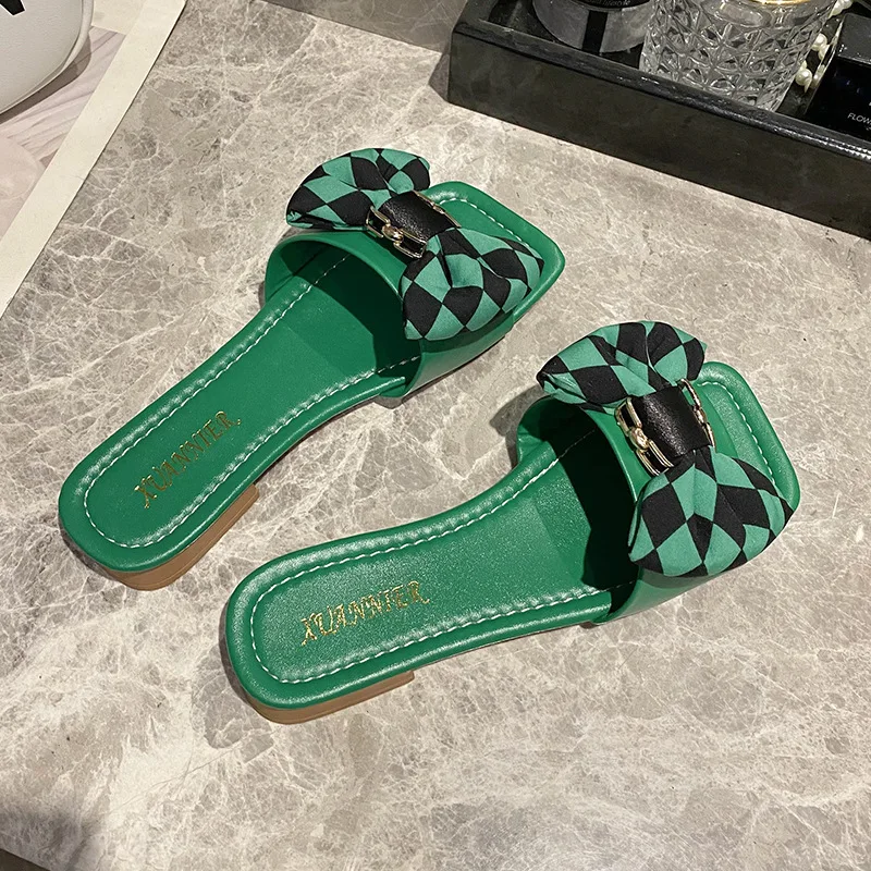 

BIKINIKEY 2022 Summer New Ladies Slippers Checkerboard Bow Sandals and Slippers Women's Head Holiday Beach Word Drag Tide