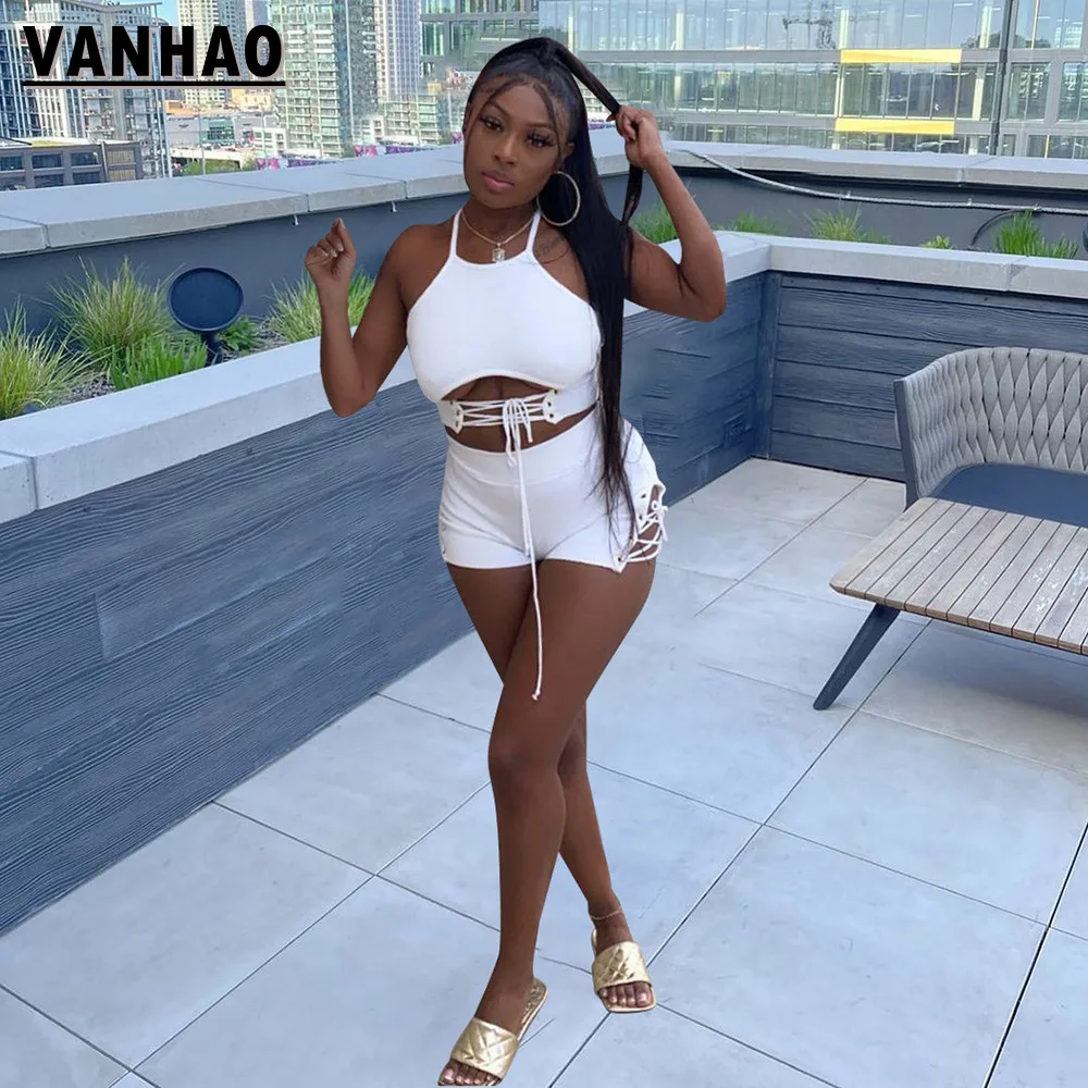 

VANHAO женский однотонный сексуальный костюм для женщин комплект из 2 предметов бандажный короткий топ без рукавов и короткие брюки оптовая продажа Прямая поставка