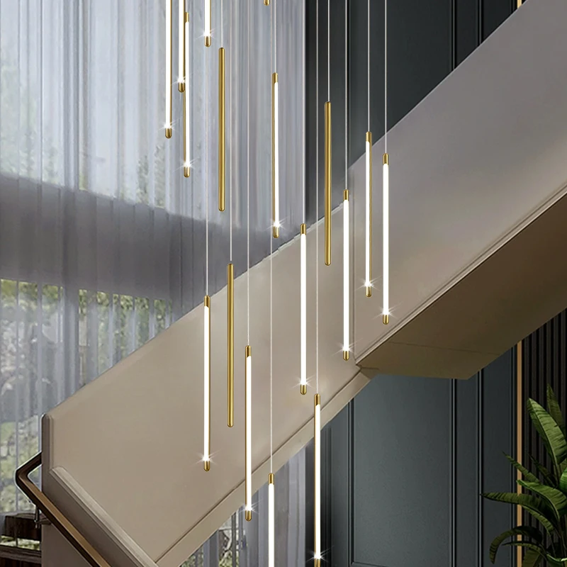

Modern Minimalist Dimmable Chandelier Copper LED Indoor Lighting For High Ceilings Entryway Foyer Staircase Room Decor Fixture