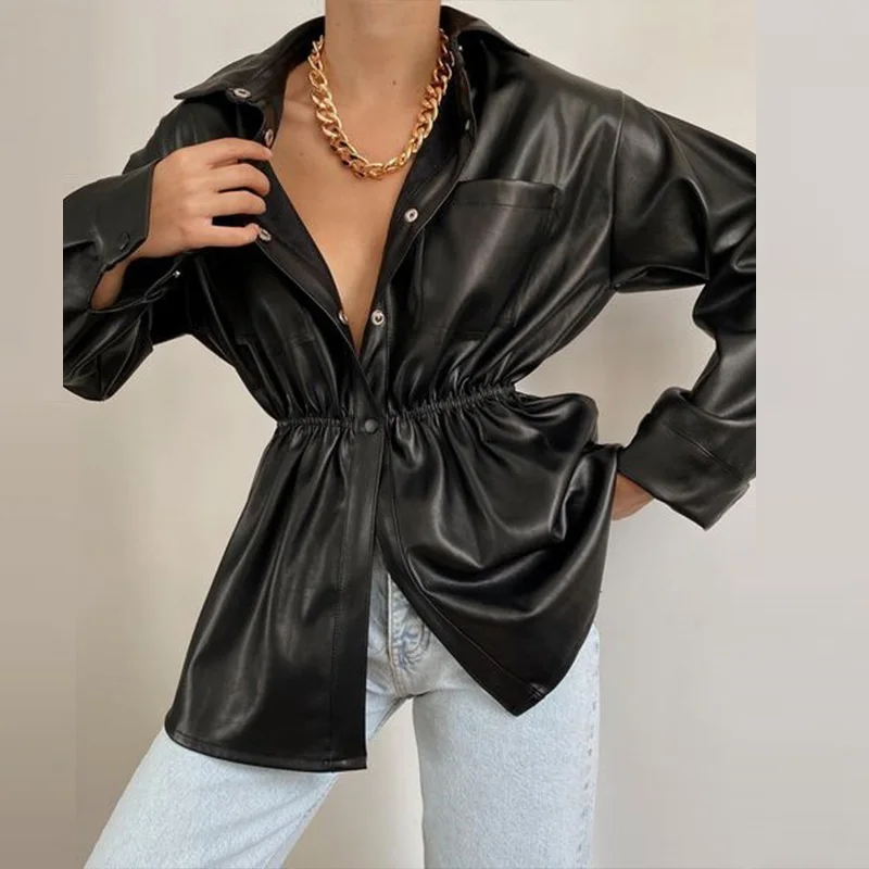 

Autumn Elegant High Street Solid Color Coats Ladies Warm Button Lapel Shirt Tops Fashion Slim Elastic Waist Women Leather Jacket