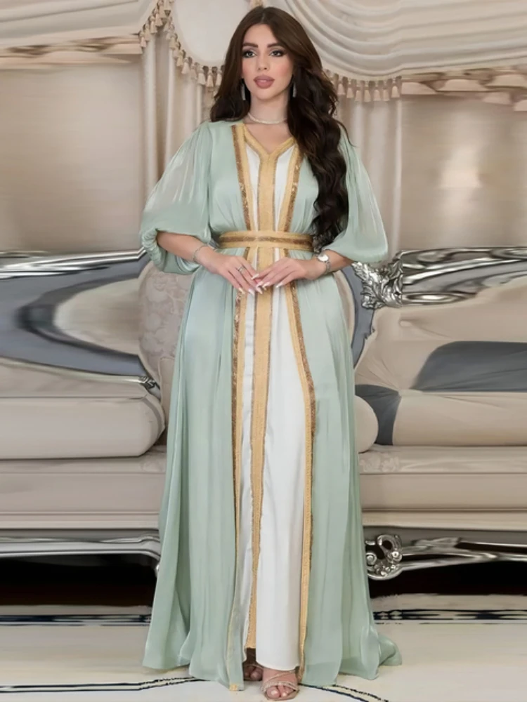 Dubai Abaya Luxury For Muslim Women Diamonds V-Neck Lace Tape Belted Kaftan 2pcs Modest Fashion Long Dresses Ramadan Clothes