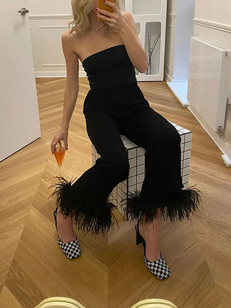 

2022 Autumn Spring Black Feather Pants Women Fashion High Waist Long Trouser Casual Wide Leg Elegant Ladies Office