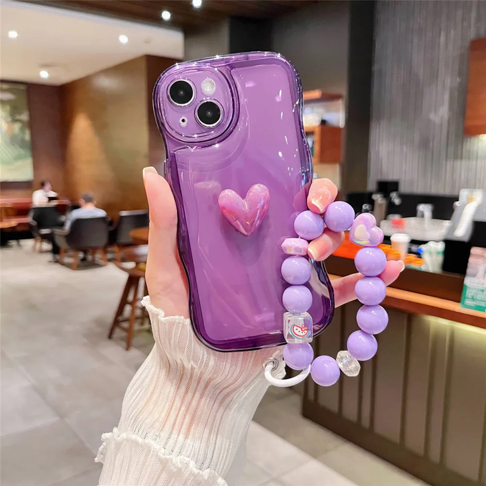 

Lovebay 3D Love Heart Wave Edge With Bracelets Phone Case For IPhone 11 12 13 14 Pro Max XR XS 7 8 14 Plus Clear Soft Back Cover