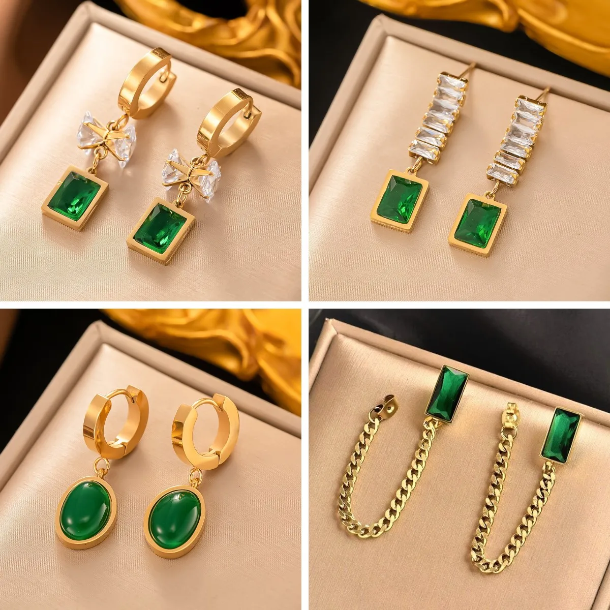 

316L Stainless Steel Vintage Hoop Earrings Square Green Zircon Pendant for Women Statement Jewelry Party Gift Brincos