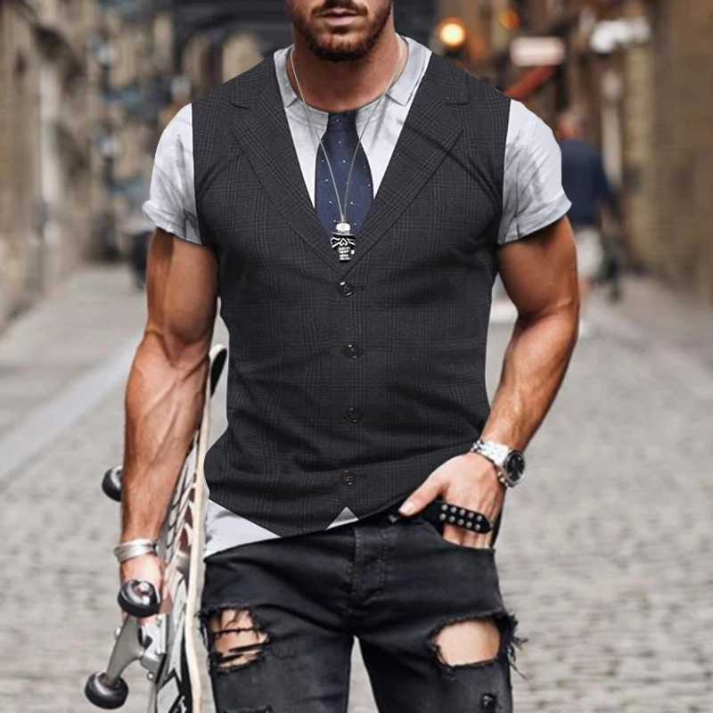 

New men's fake suit vest design casual street sports short sleeved T-shirt oversized retro style 3D printed summer round neck T-