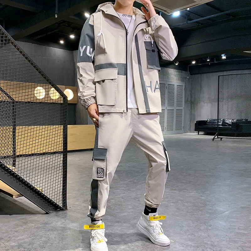 

Autumn Tooling Suits Men Splicing Pockets Large Pockets Hooded Stitching Color Loose Elastic Elastic Pants