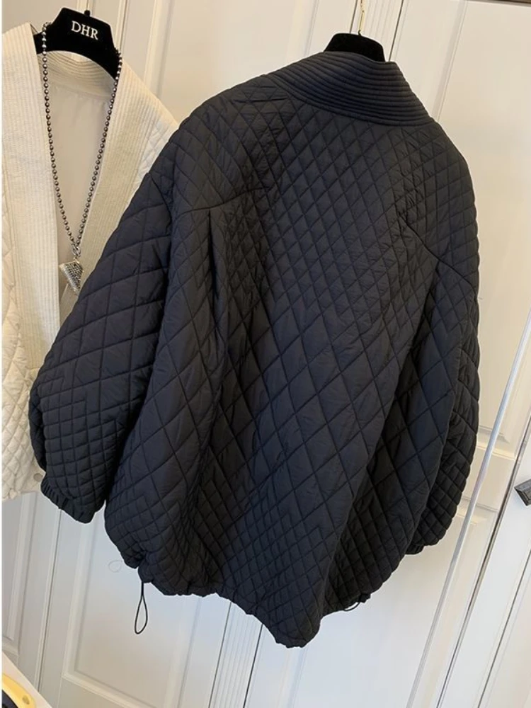 Fashion Casual Streetwear Solid Loose Parkas Vintage Argyle Bubble Fall Winter Jacket V-neck Long Sleeve Drawsring Harajuku Coat enlarge