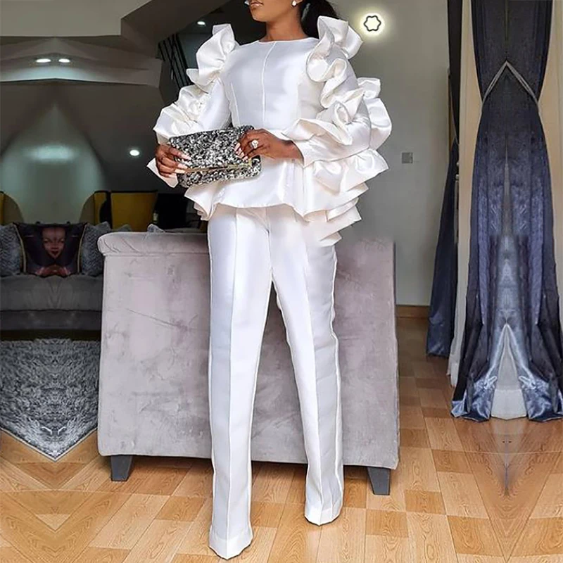 2 Two Piece Set Women African Clothes Dashiki Autumn White Ruffle Splice Top And Pants Elegant Office African Suits For Ladies