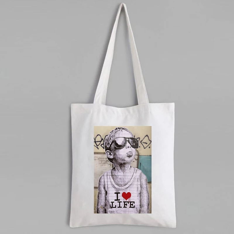 

I Love Life Tote Bag Cartoon Shopping Bags Vintage Art Handbags 2020 Art Print Custom Bags with Logo Eco Friendly