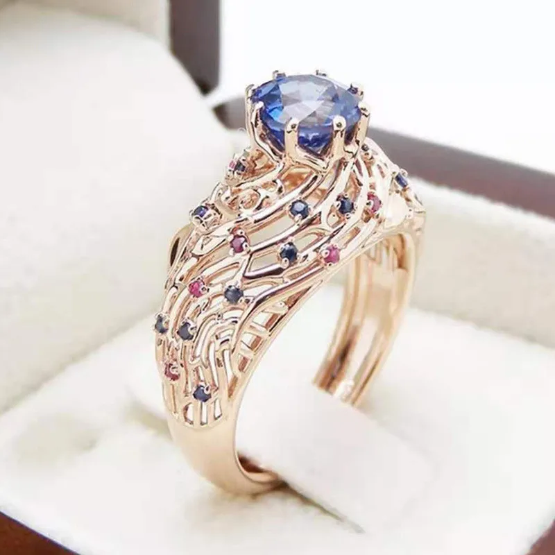 

Milangirl Trendy Hollow Branch Leaves Blue Crystal Zircon Ring for Women Ladies Bridal Stylish Wedding Engagement Party Jewelry