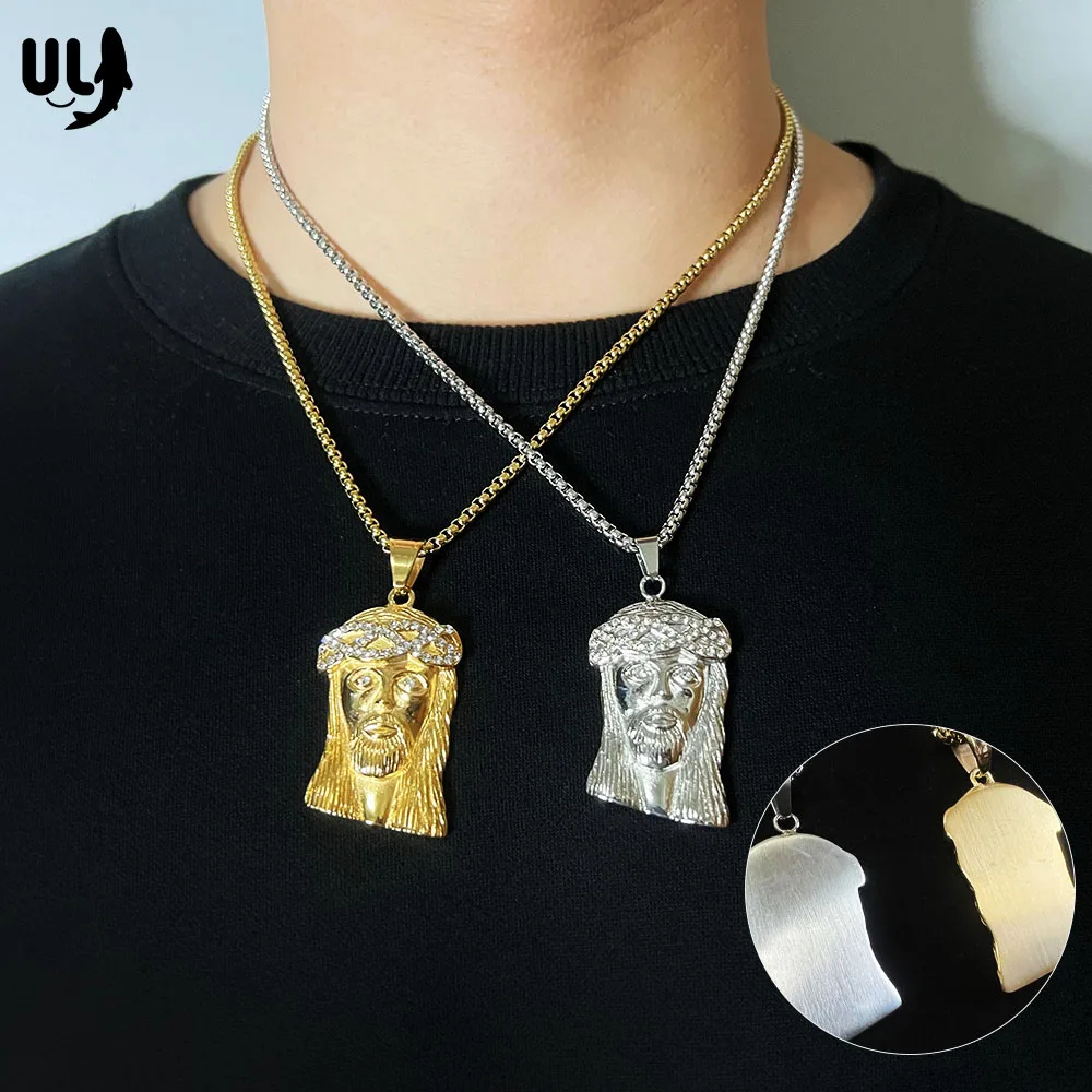 ULJ Hip Hop Rapper Stainless Steel Cross Necklace Cleopatra Religious Jesus Head Pendant For Man Woman Iced Out Jewelry