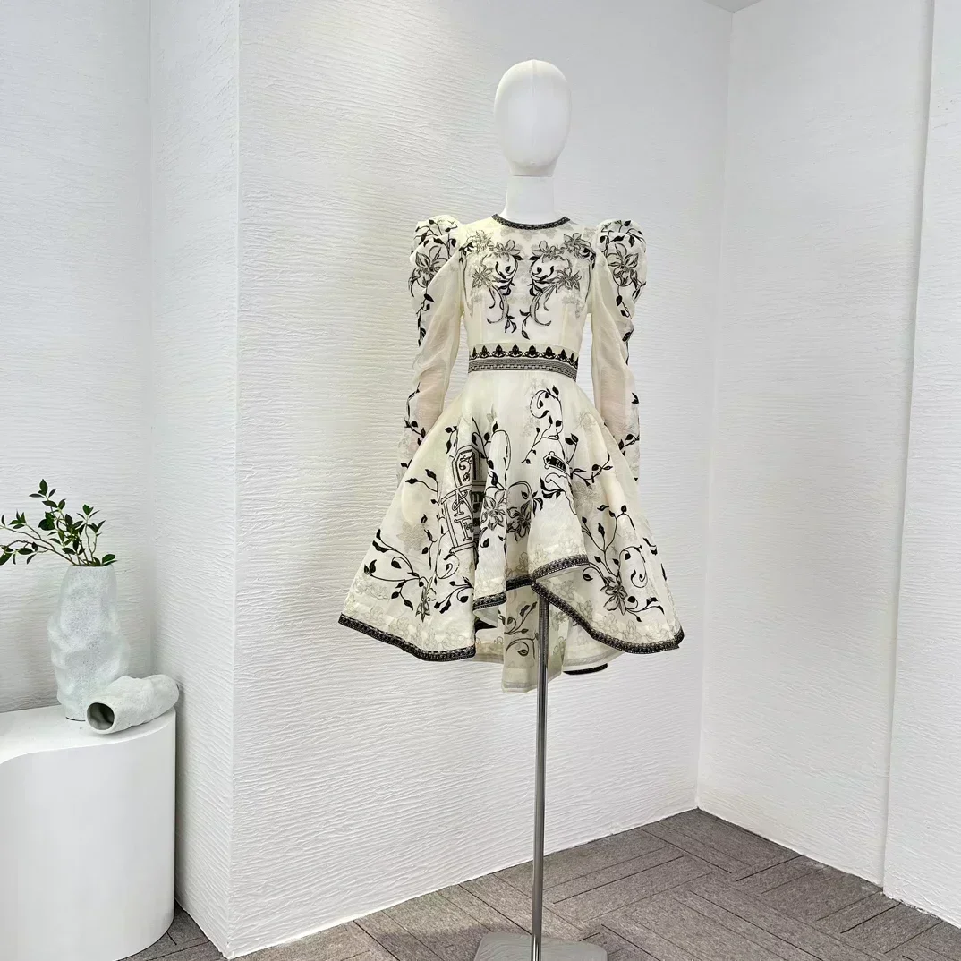 

Silk Linen High Quality 2023 New Vintage Graceful Flowers Embroidery Full Sleeve Irregular Woman Luxury Mini Dress for Holiday