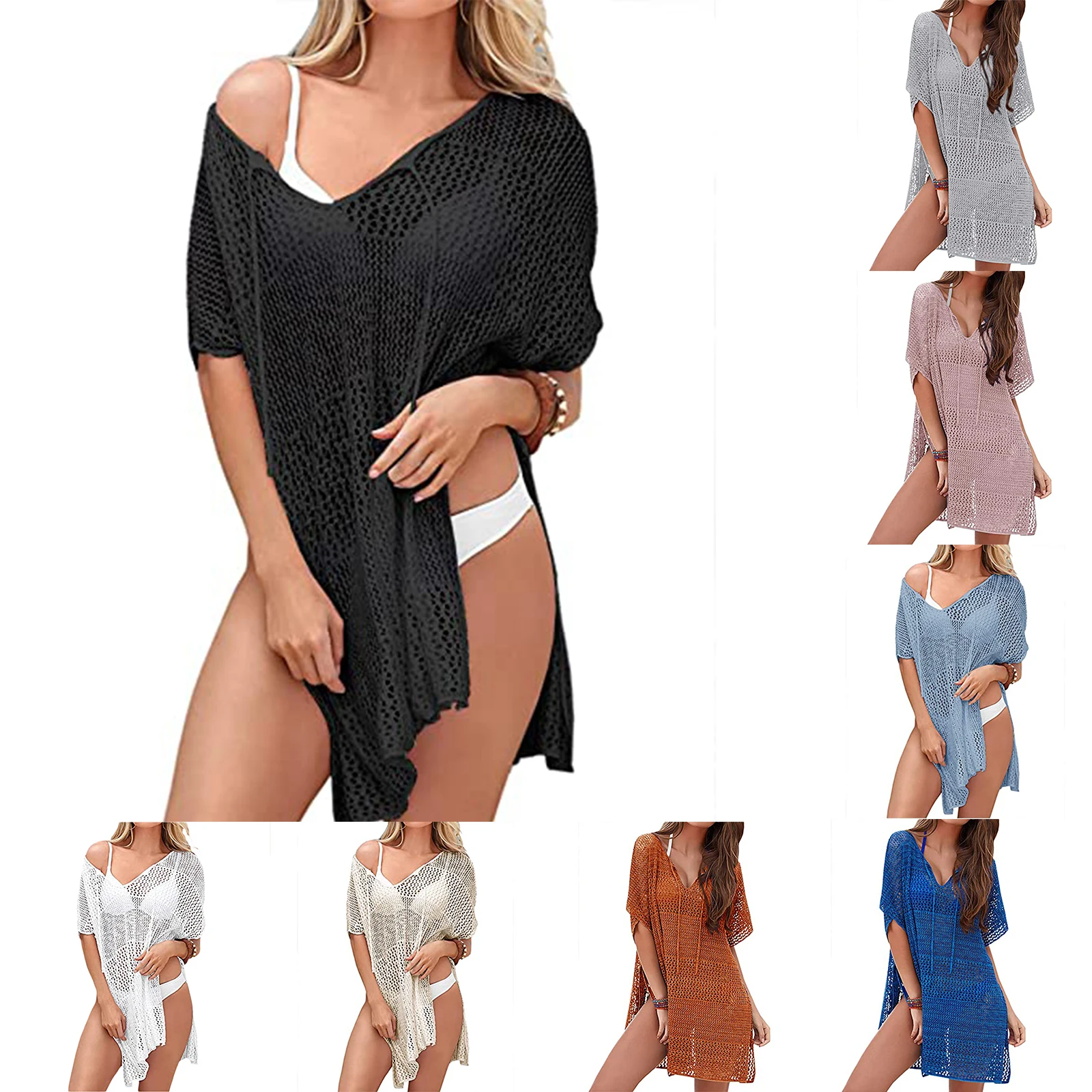 Summer Swimsuit Women Bikini Cover Up Solid Half Sleeve V-Neck Crochet Hollow Slit Mini Short Loose Tunic Beach Dress Beachwear