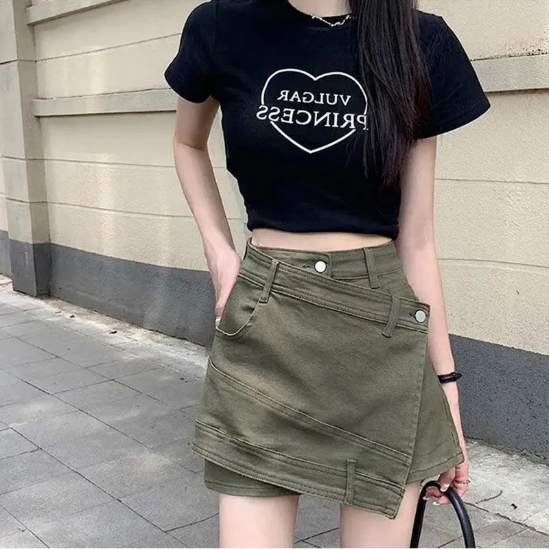 Women's Summer INS Spicy Girl A-line Pants Slim Fit High Waist Skirt Wide Leg Hot Pants High Quality Military Green Denim Shorts