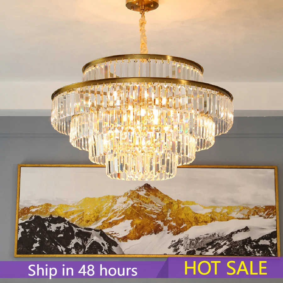 

Современная Высококачественная круглая хрустальная люстра для гостиной, ресторана, кухни, спальни светильник Золотая многослойная Подвес...