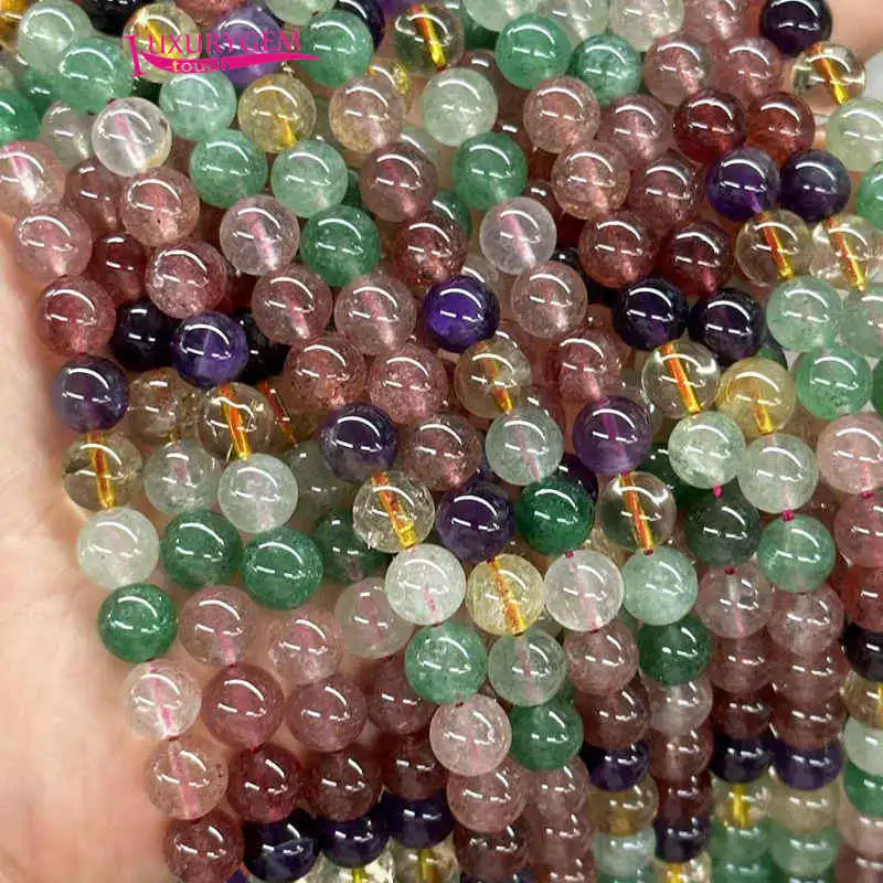 

6-10mm Natural Multicolor Color Strawberry Crystal Stone Round Shape Smooth Loose Spacer Beads DIY Jewelry Accessory 38cm sk572