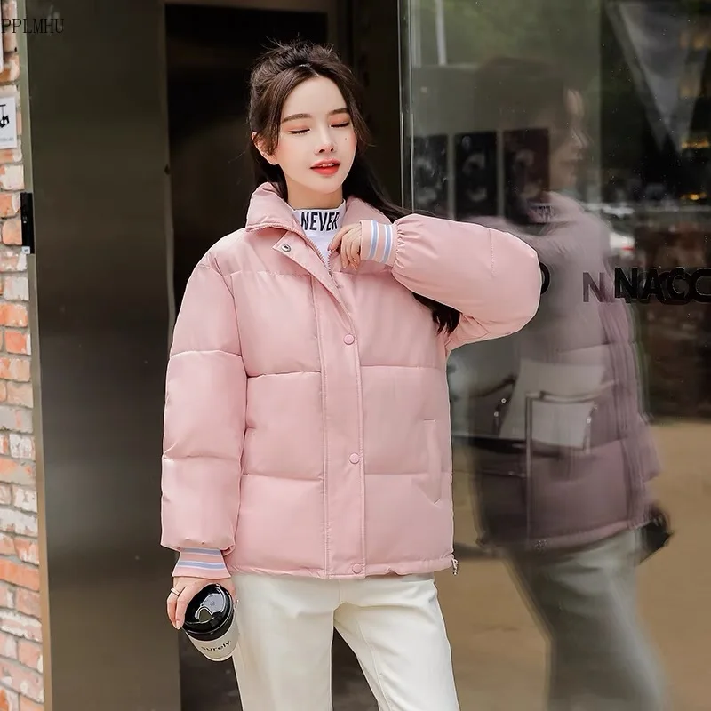 

Snow Wear Casual Warm Thicken Winter Coat Korean Stand Collar Long Sleeve Short Jackets Loose Cotton Padded Women Parkas