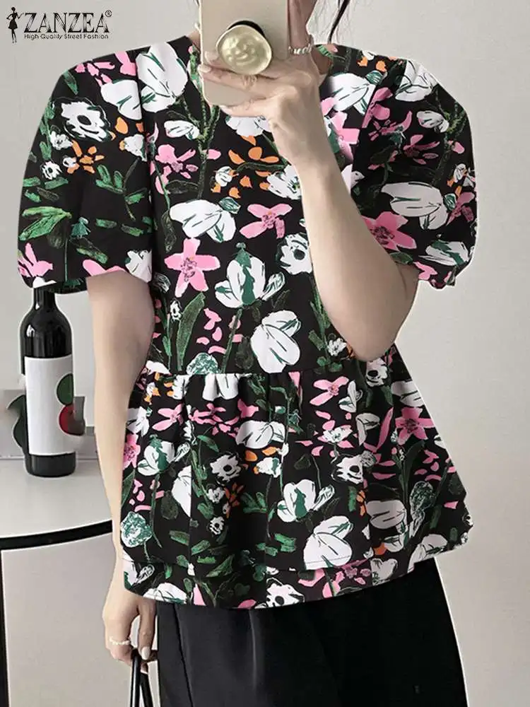 

Fashion Women 2022 Casual Bohemian Printed Tops Tees Summer Short Sleeve Blouse Oversized ZANZEA OL Holiday Blusas Femininas