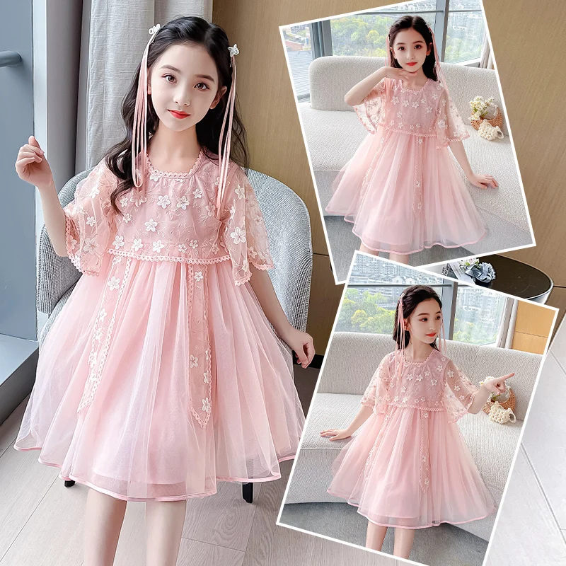 

Summer mesh girl's dress cheap 2022 new factory children's square neck long skirt short sleeve spring and autumn breathable baby