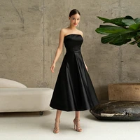 vintage mono satin strapless black celebrity evening dresses a line tea length 2022 sleeveless zipper back wedding party gown