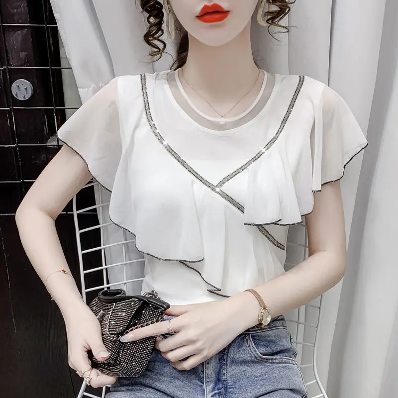 

2022 Summer Women New Ruffles Stitching Chiffon Shirts Female O-neck Blouse Tops Ladies Short Sleeve Slim Pullover Shirts F83