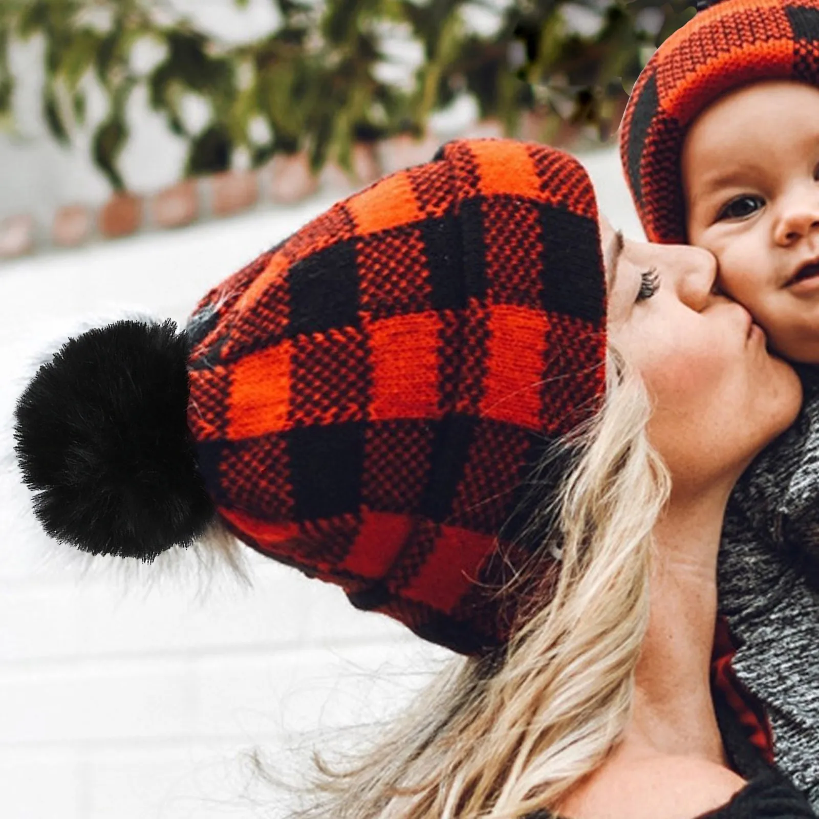 

Women Winter Pompom Beanie Hat With Warm Fleece Lined Thick Slouchy Snow Knit Skull Ski Cap Plaid Mother And Baby Christmas Warm