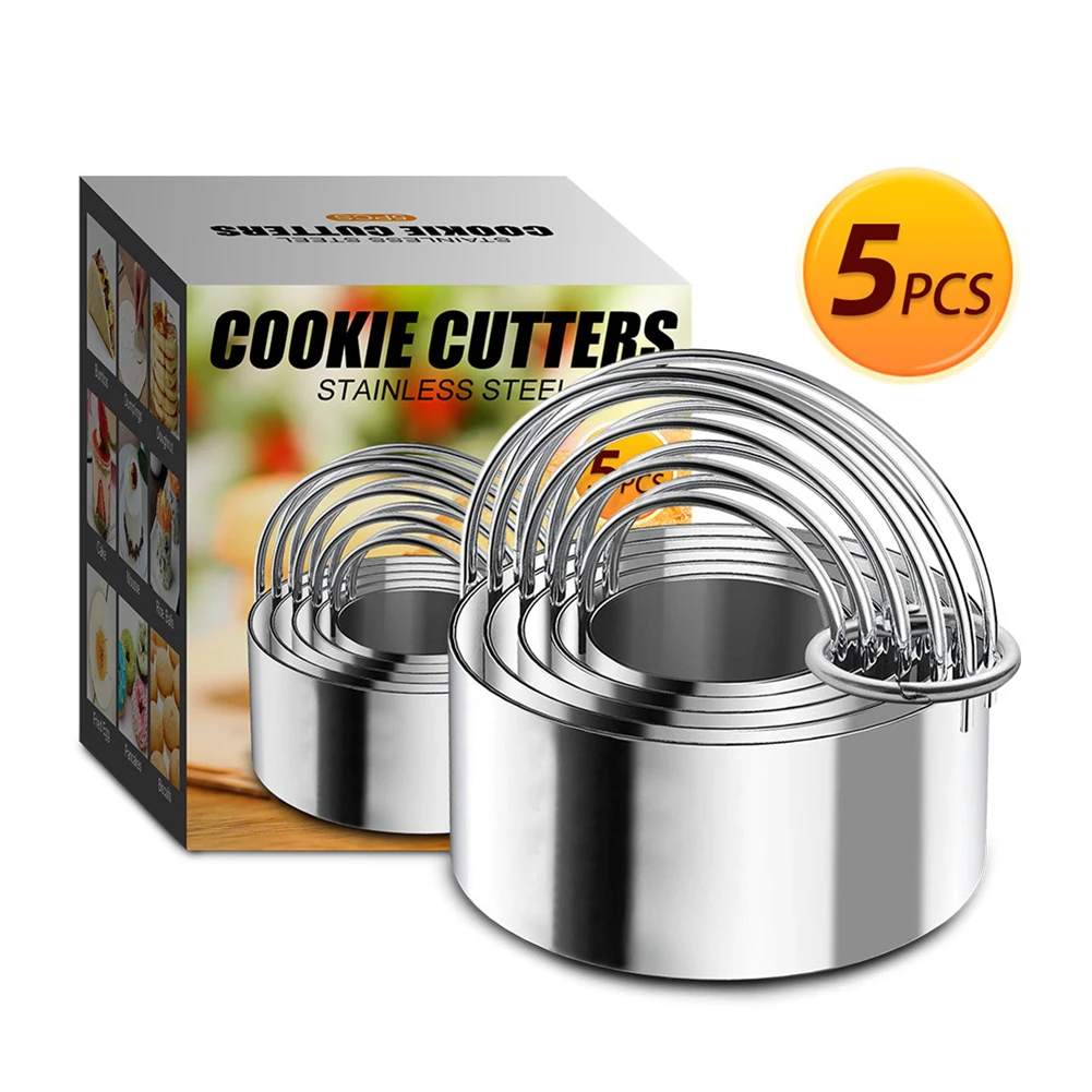 

5pcs/set Stainless Steel Round Cookie Biscuit Cutters Circle Pastry Cutters Metal Baking Circle Ring Molds for Kitchen DIY Mold