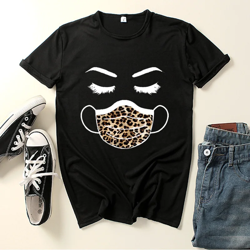 

Leopard Mask Eyelash Letter Print Women T Shirt Short Sleeve O Neck Loose Women Tshirt Ladies Tee Shirt Clothes Camisetas Mujer