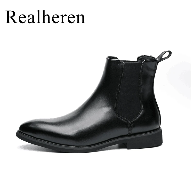 

Winter Pointed Toe Chelsea Boots for Men Ankle PU Polished Leather Boots Black Brown Fashion British Style Plus Big Size 48 49