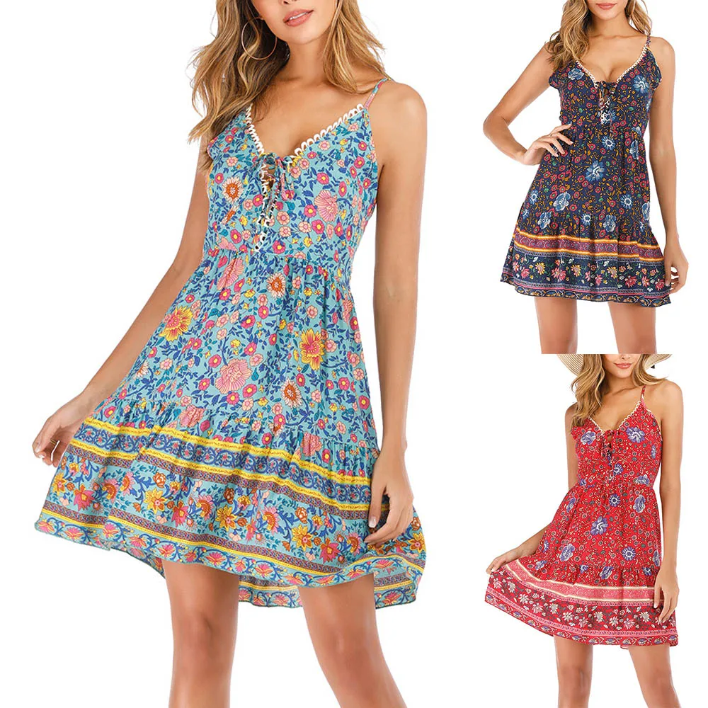 

Summer Women's Dress Boho Floral Print Ruffle Sleeveless Vestidos Beach Slip Dress High Waist Elegant Casual Maxi Ropa Mujer