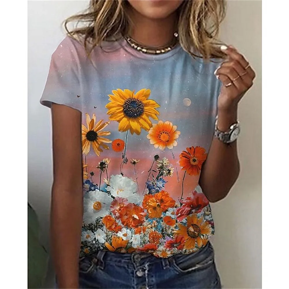 

2023 New 3D Fashion Elegant Short Sleeve Round Neck Vintage Sewing Plant Flower Casual Top Women's Daily Street Oversize Loose