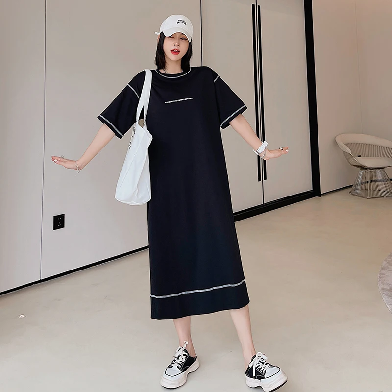 

Женское платье-рубашка с коротким рукавом, Черное Длинное свободное Хлопковое платье макси большого размера в Корейском стиле, лето 2023