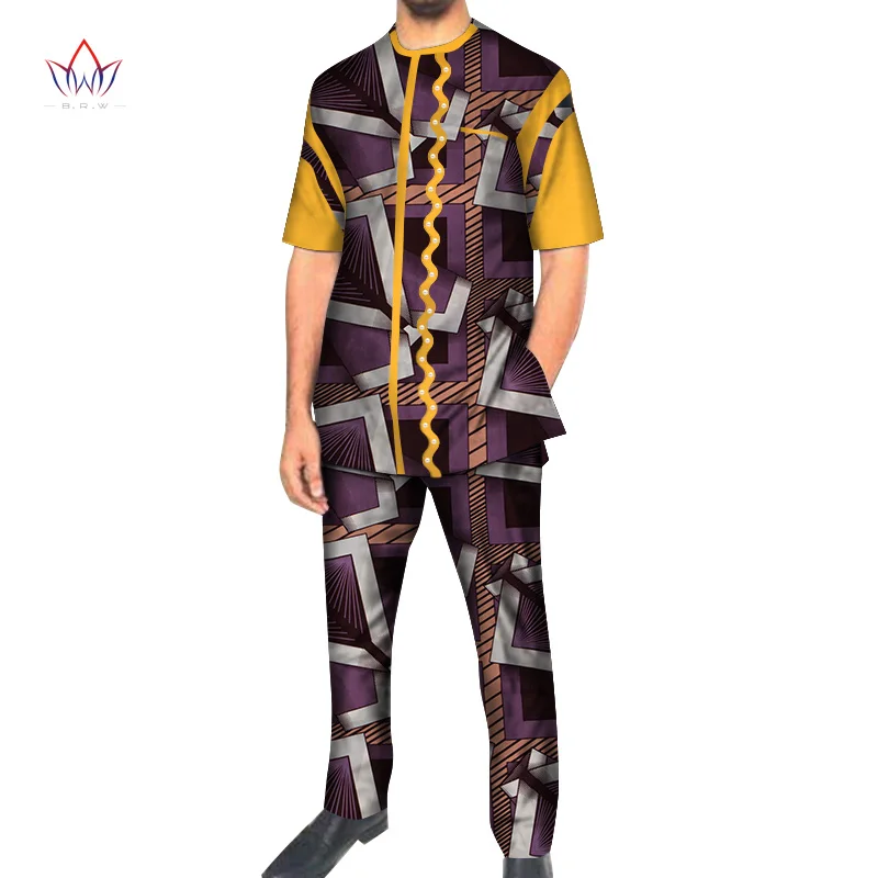 Causal 2pcs Men Top Shirt and Pant Trousers Set Bazin Riche African Clothes Cotton Print Peal Short Sleeve Dashiki WYN974 | Тематическая