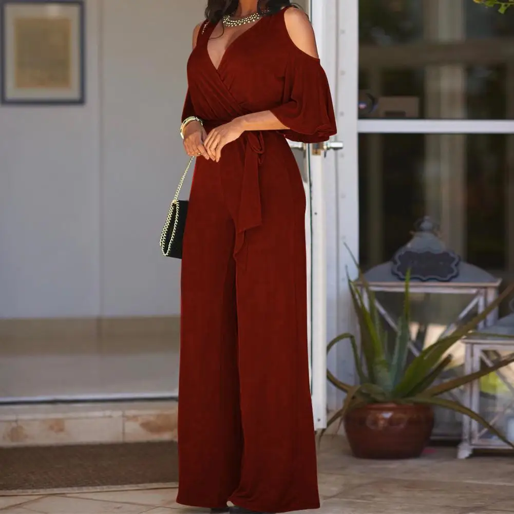 

Full Length Loose Type Deep V Neck Half Sleeves Women Jumpsuit Clothing