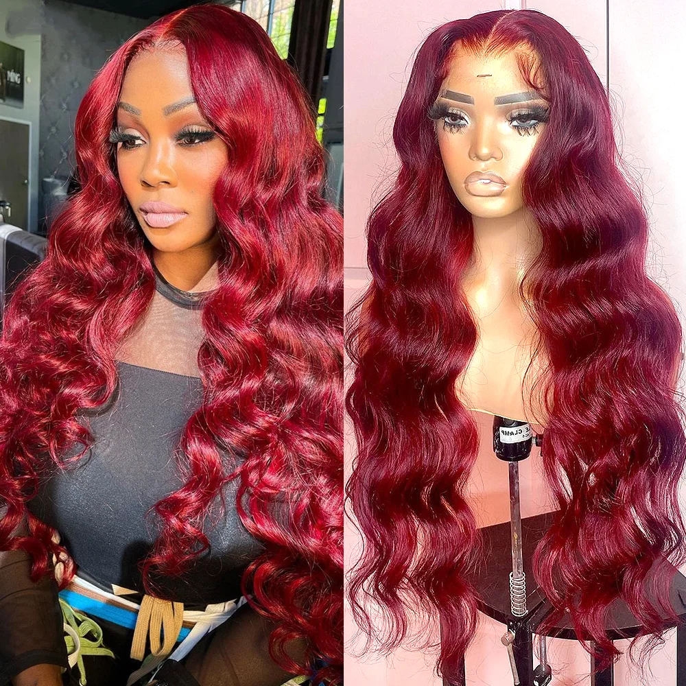 99J Burgundy Body Wave Human Hair Lace Wigs 13x4 13x6 Transparent Lace Front Wine Red Brazilian Baby Wigs 28 30 32 34inch