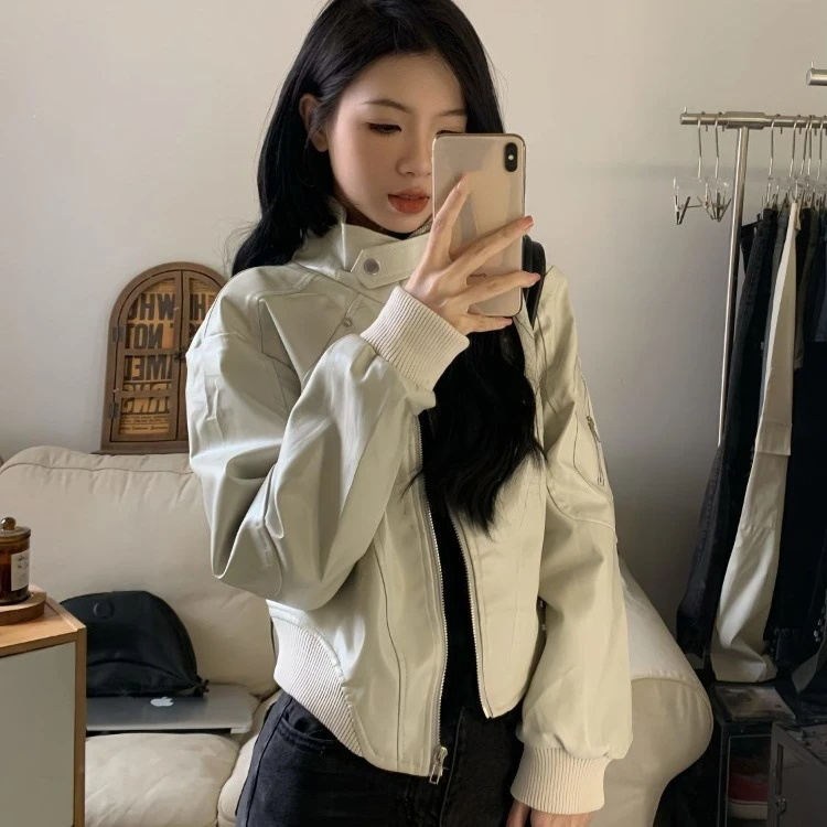 Женская Асимметричная куртка из ПУ кожи с воротником-стойкой и длинным рукавом