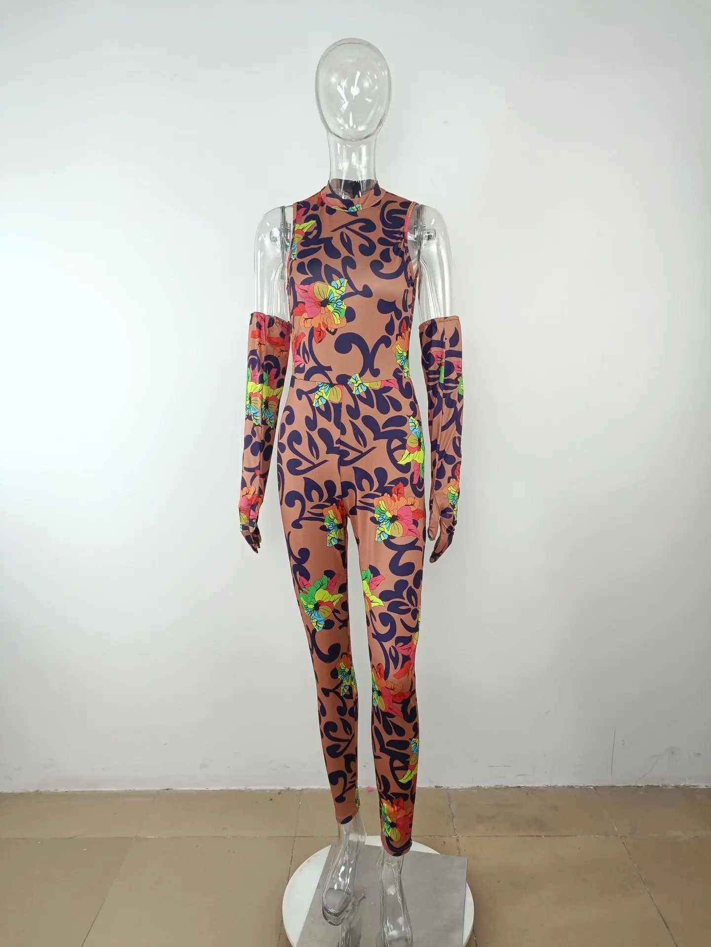 Women Floral Bodycon Skinny Stretch Oversleeve Jumpsuit High Street INS Female Party One Piece Suit Playsuit with Gloves