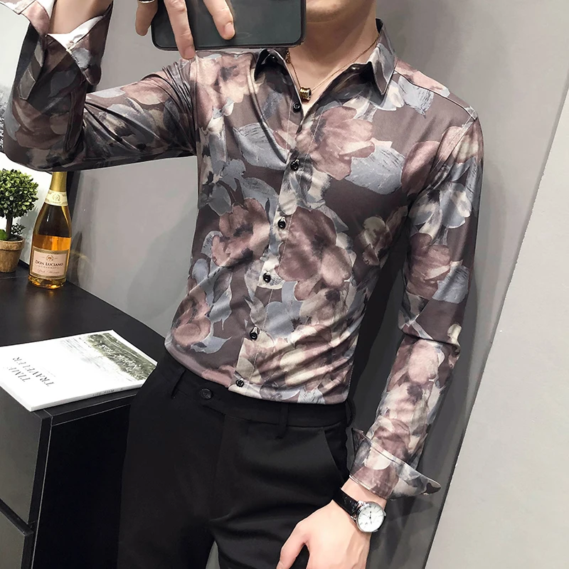 Brand Floral Print Men Shirt Autumn Long Sleeve Business Dress Formal Dress Shirts 2021 Slim Social Casual Shirt Chemise Hombre