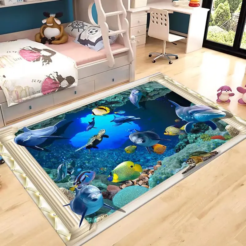 

3D Blue Ocean Carpets for Living Room Fluffy Plush Room Decor Children's Bedroom Bedside Rugs Lifelike Shark Floor Mats