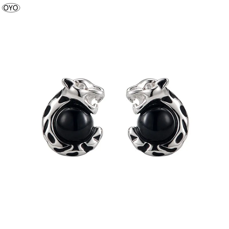 

100% S925 silver inlaid Black Agate punk leopard Earrings