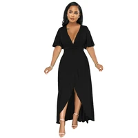 streetwear summer dress for women 2022 fashion solid maxi dresses short sleeve sexy v neck office lady clothing rayon dress