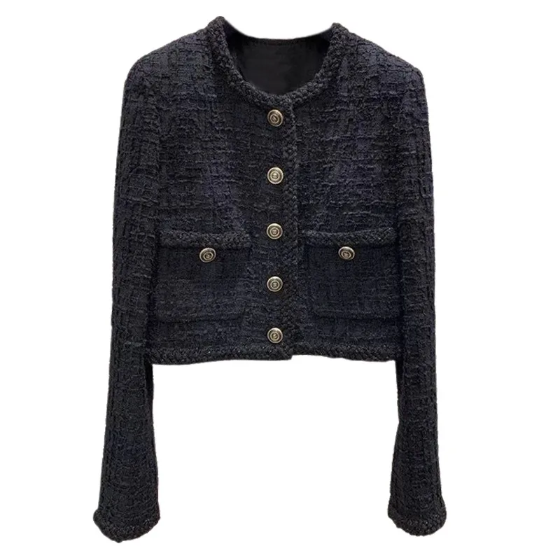 

Korea Fall Winter Long Sleeve Spliced Metal Button Tweed Jacket Women Casual Cropped Woolen Coat