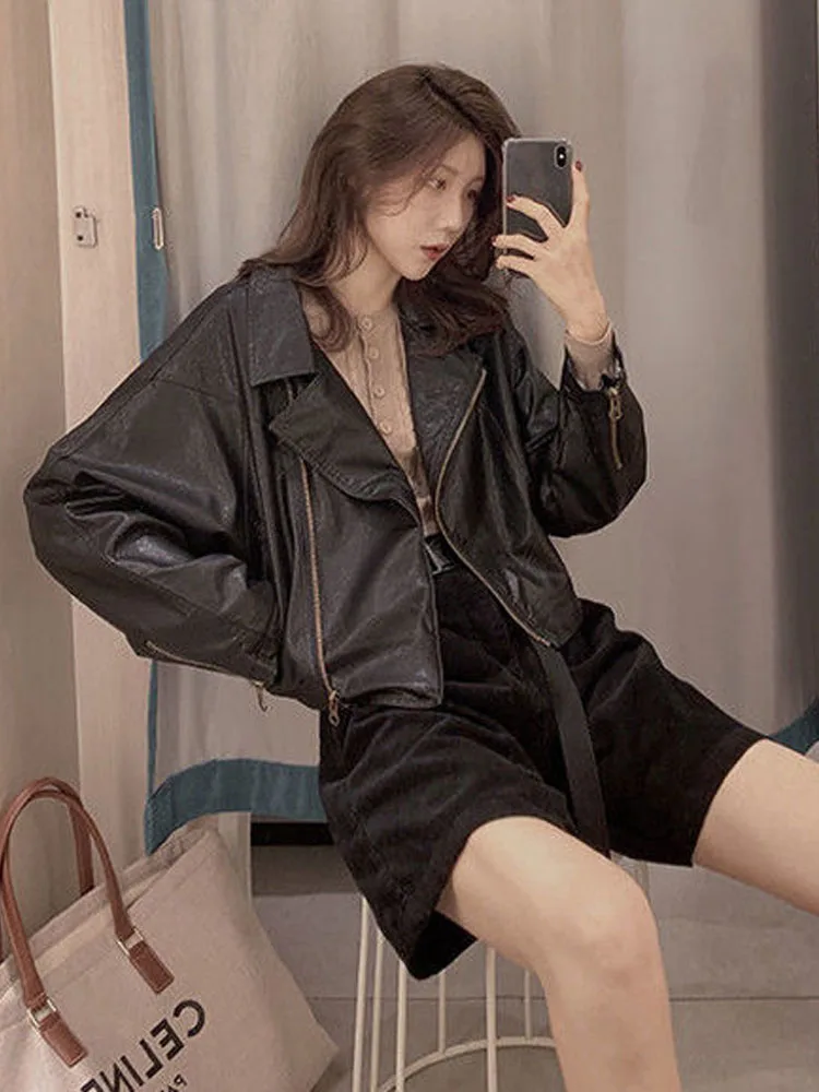 Summer Cropped Faux Leather Jacket Women Korean Fashion Loose Biker Coat Streetwear Female Autumn Pockets Moto Jacket Outerwear