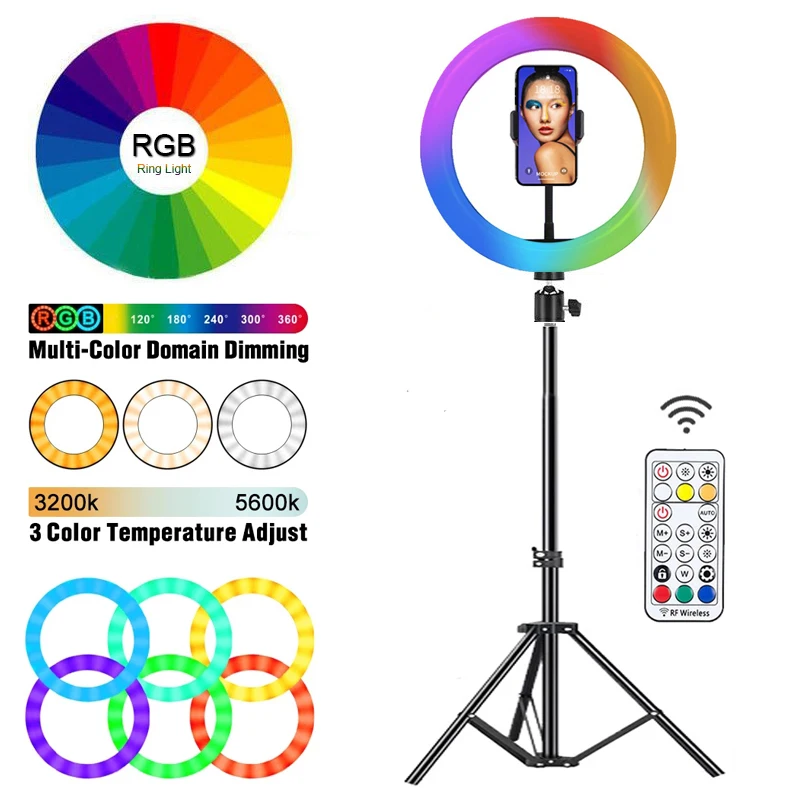 

LED RGB Selfie Ring Light Circle Fill Light Dimmable Round Lamp for Tiktok Video Live Photography RingLight with Tripod Stand